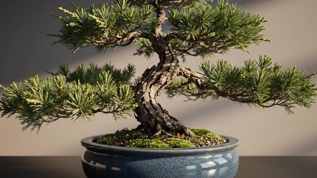 Close up of a meticulously shaped bonsai tree in a pot.