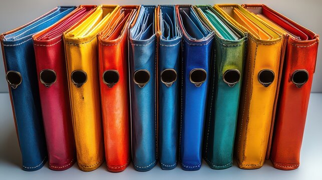 Colorful vintage photo albums in a row.