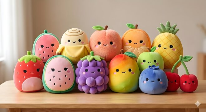 Collection of Cute Kawaii Fruit Plush Toys on Wooden Table, Soft Stuffed Fruit Characters with Smiling Faces for Kids Room Decor