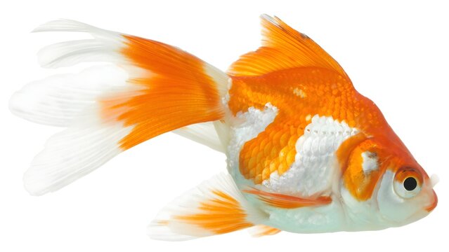 Vibrant Orange and White Ryukin Goldfish Isolated on White Background, Elegant Fantail Goldfish Swimming Side View