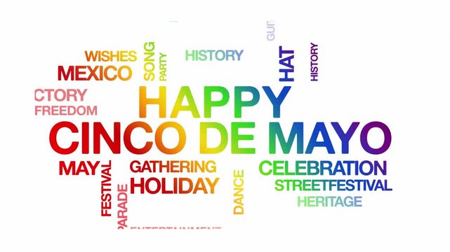 happy Cinco de Mayo concept Animated Tag Word Cloud kinetic typography, Text Design Animation typography seamless loop video motion graphics Intro Wordart tagcloud rainbow type on white background bg 