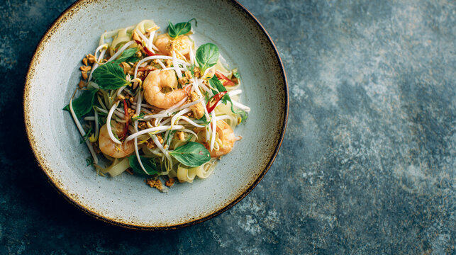 Top view of authentic Thai Pad Thai with fresh shrimp, bean sprouts, and peanuts on dark textured background.