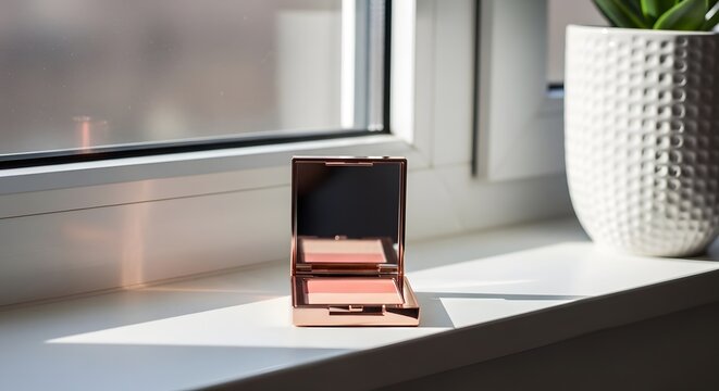 Open makeup compact on windowsill with natural light