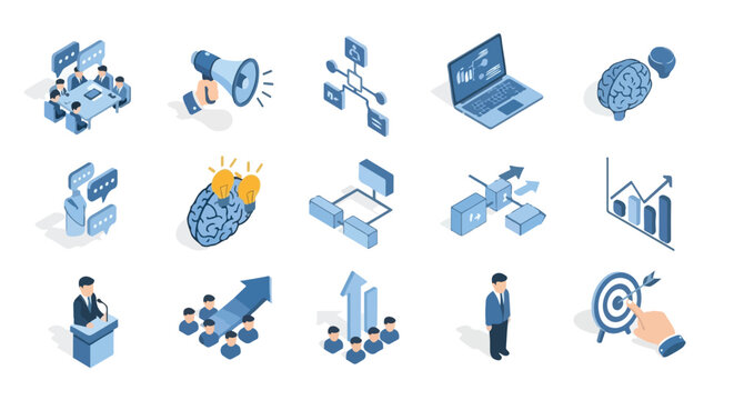 A set of blue isometric icons representing business concepts including teamwork, strategy, growth, communication, technology, and creative ideas.