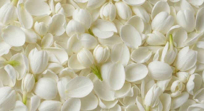 A dense collection of white jasmine flower petals covers the frame. The petals are smooth and delicate, with visible veins.