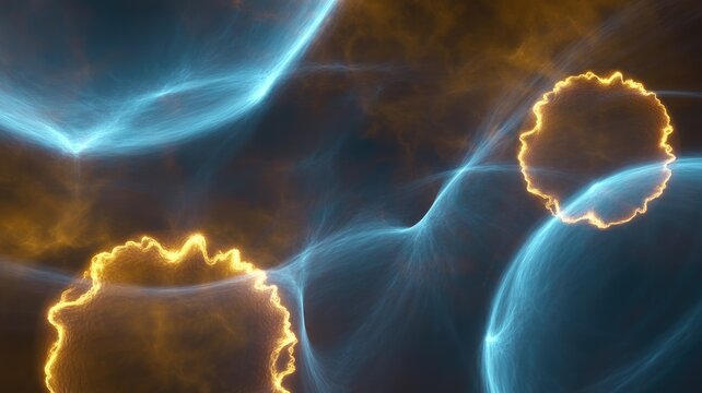 Abstract digital featuring glowing blue and orange circular energy orbs and light trails on a dark background