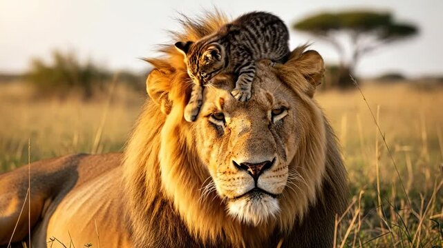 A kitten rests on the head of a majestic lion in the African savanna.