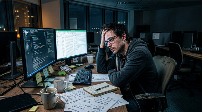 Exhausted Employee Working Late Night Overtime
