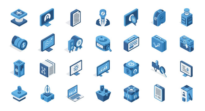 A collection of blue and white isometric icons representing various business, finance, and technology concepts on a white background.
