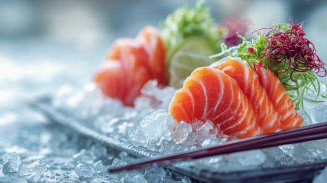 Salmon sashimi on ice with chopsticks
