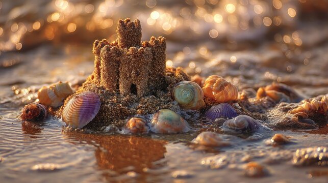 Sandcastle on beach with seashells