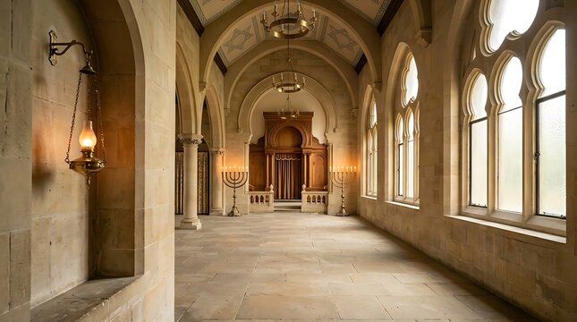 Interior of a grand synagogue with ornate wooden ark and large arched windows creating a serene and spiritual atmosphere