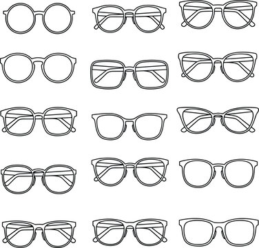 Black silhouette illustration collection of sixteen eyeglass frame designs arranged in grid pattern, showcasing diverse shapes, styles, and optical fashion