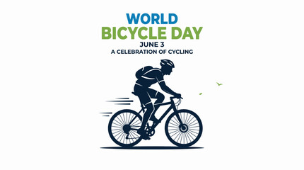 Fototapeta premium World Bicycle Day graphic with a cyclist silhouette and text celebrating cycling on June 3.