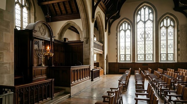 Interior of a traditional synagogue with wooden pews stained glass windows and a menorah on a raised platform