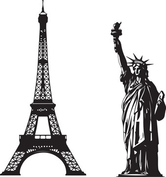 Black silhouette eiffel tower and statue of liberty paris