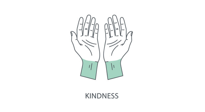 kindness hands, green cuffs, palms up, vector icon, symbol of generosity