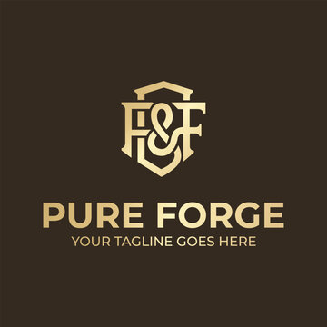 Luxury gold letter FF ampersand monogram shield logo vector