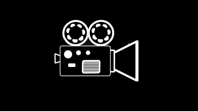 Minimalist white line art animation of a vintage movie projector with rotating reels on a black background.