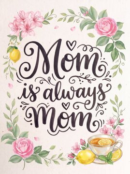 Soft Watercolor Mother's Day Illustration with "Mom is always Mom" Lettering, Pink Roses, Azaleas, and Lemon Tea