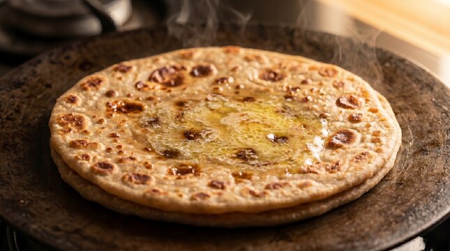 butter naan bread on a tawa griddle