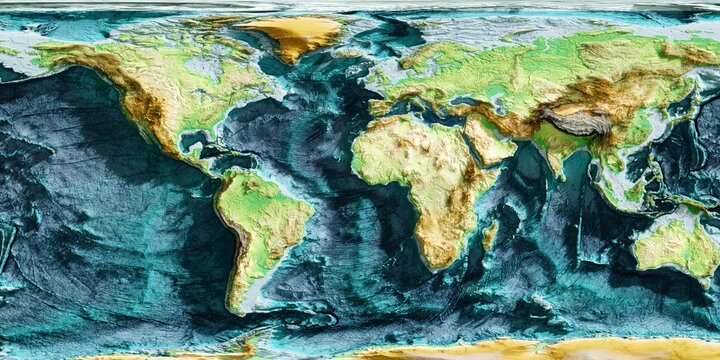 3D Relief World Map &ndash; Topographic Terrain, High Resolution