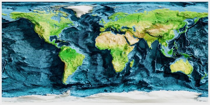 3D Relief World Map &ndash; Topographic Terrain, High Resolution