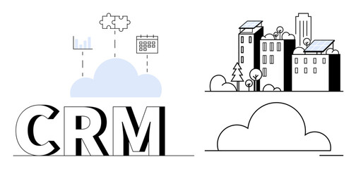 Fototapeta premium Business solutions, cloud applications, smart cities, data management, renewable energy, infrastructure. CRM text with cloud, buildings with solar panels. Business solutions and cloud applications