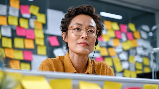 Asian female office worker wearing glasses and headset focuses on computer screen surrounded by colorful sticky notes in a modern workspace