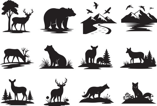 Black silhouettes of various animals and landscapes