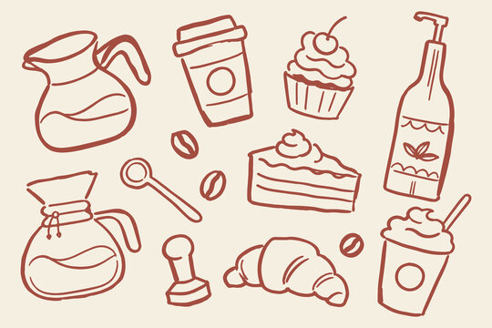 Coffee and dessert set cafe doodle pattern vector