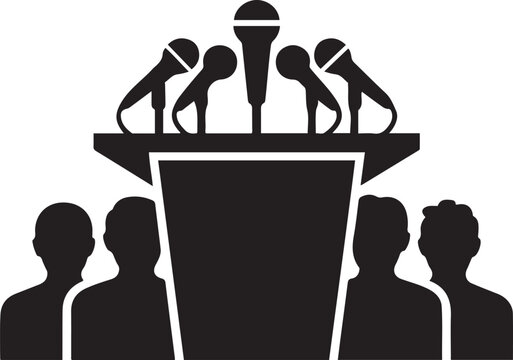Podium with microphones public speaking event. logo Vector Black silhouettes