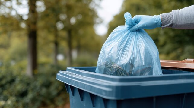 Person wearing blue gloves disposes of a filled blue plastic garbage bag into a green recycling bin in a park with trees in the background