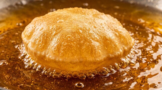 Close-up of golden puri bread puffing up while deep frying in hot oil in a wok, Indian cuisine preparation