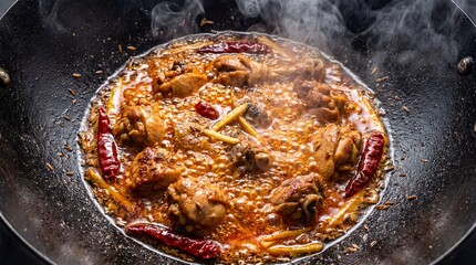 Fototapeta premium Close-up of spicy chicken curry stew bubbling in a hot wok with steam rising, overhead shot