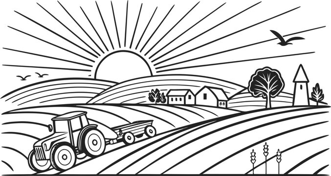 Black and white of a tractor pulling a trailer through a rural farm landscape field
