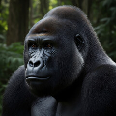 Obraz premium Close-up portrait of a powerful silverback gorilla in a lush green jungle environment