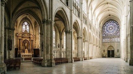 Obraz premium Interior view of a grand gothic cathedral nave with soaring arches and a large rose window illuminating the sacred space