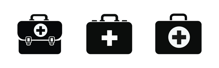 Medical first aid kit and heavy-duty equipment case icons – set of three black flat vector symbols