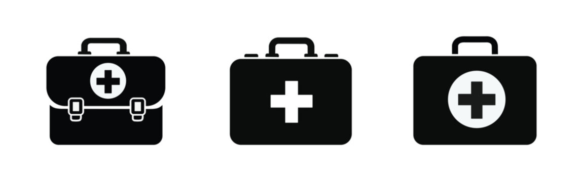 Medical first aid kit and heavy-duty equipment case icons &ndash; set of three black flat vector symbols