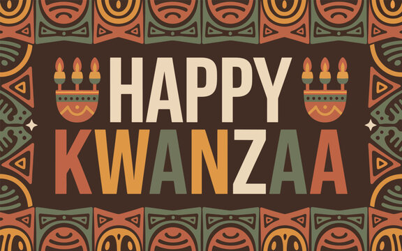 Happy Kwanzaa text with lit kinara candles and tribal geometric border pattern on dark brown holiday