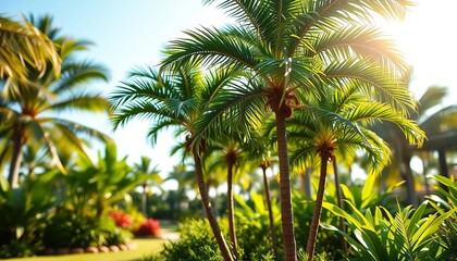 Obraz premium Tiny coconut palm trees sprouting in a sunny tropical garden, photography, ocean