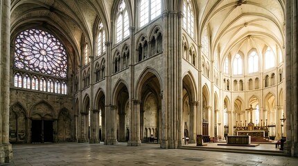 Fototapeta premium Grand interior of a historic European cathedral featuring soaring arches, intricate stonework, and a large rose window casting light on the nave.