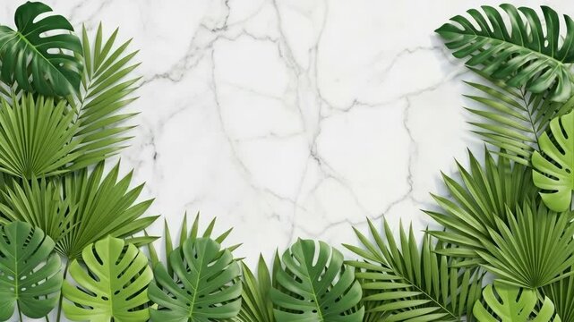 Tropical leaves arranged on a white marble background.