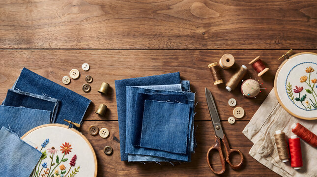 Flat lay of sewing and embroidery supplies with denim patches on wooden table