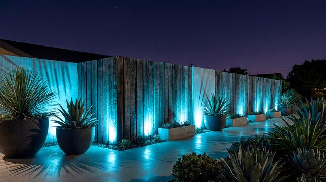 Modern backyard patio with cyan uplighting on wood fence at night