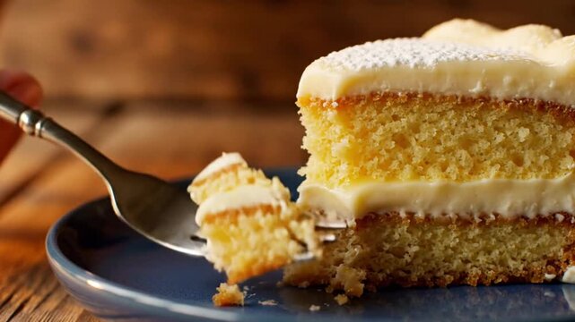 Close-up of a fork taking a bite of a delicious multi-layered cake with icing on a blue plate