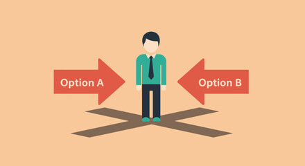 Business Man Standing at a Crossroads, Making a Choice Between Option A and Option B, Symbolizing Decision Making in Bright Studio © Pendi