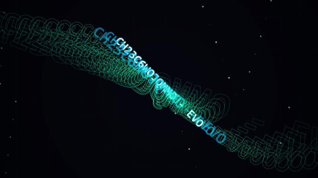 Abstract digital stream of motion text and wireframe elements on black