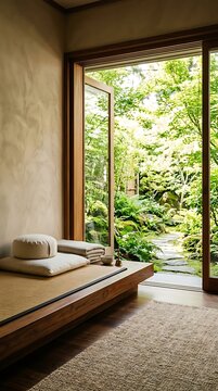 Peaceful Japanese meditation room with tatami mat zabuton cushions and open doors to a lush green garden with stone path
